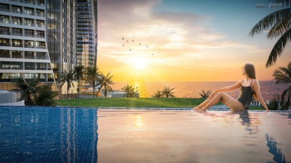 Du khách chiêm ngưỡng khung cảnh hoàng hôn rực rỡ trong lòng di sản từ Crystal Holidays Harbour Vân Đồn. Ảnh phối cảnh.